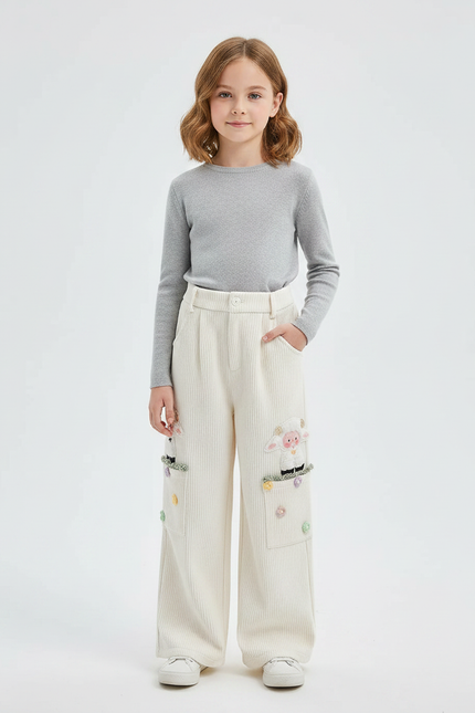 Pantalon Velours Côtelé Écru Large Brodé Enfant - Blanc Cordé
