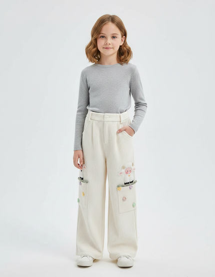 Pantalon Velours Côtelé Écru Large Brodé Enfant - Blanc Cordé