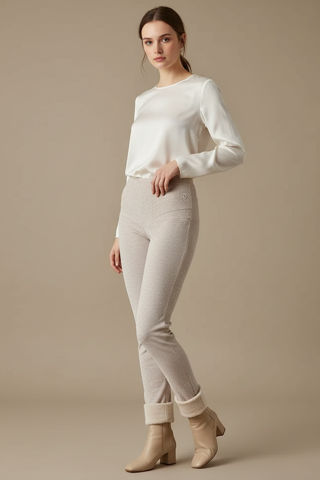 Pantalon Velours Beige Slim Élégant Femme Hiver - Tweed