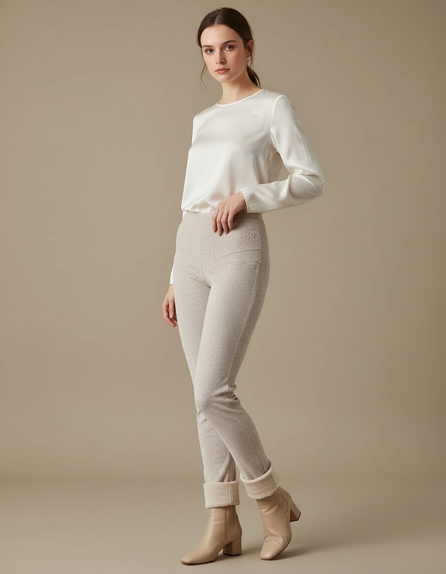 Pantalon Velours Beige Slim Élégant Femme Hiver - Tweed