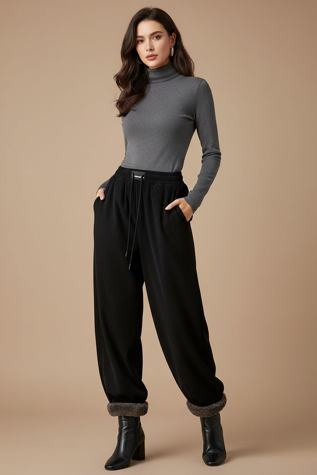 Pantalon Velours Noir Ample Côtelé Doublé Chaud - Cordé