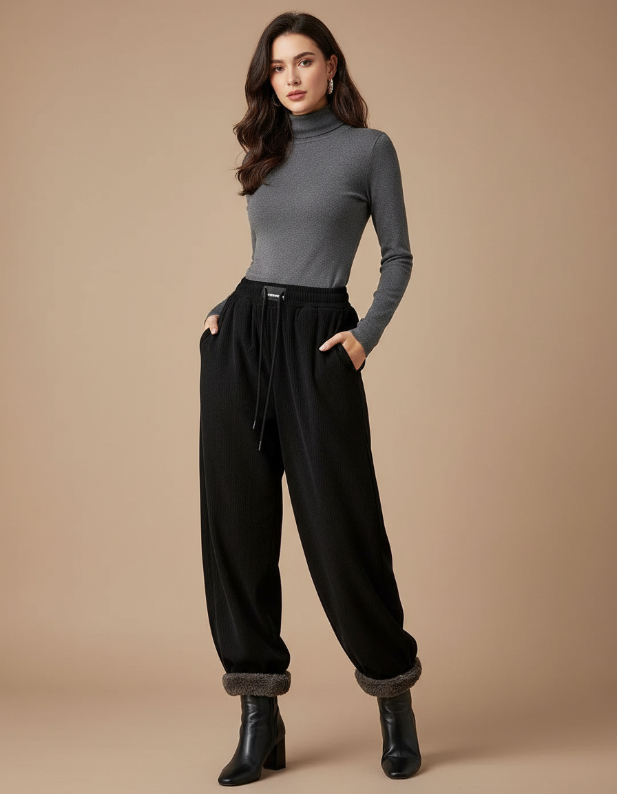 Pantalon Velours Noir Ample Côtelé Doublé Chaud - Cordé