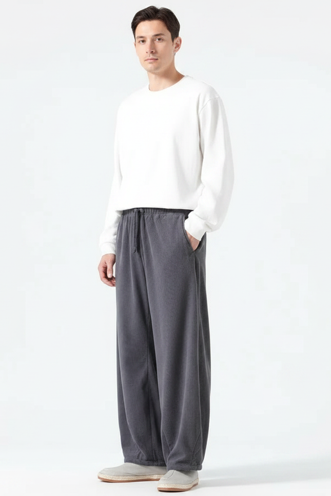 Pantalon Velours Côtelé Ample Décontracté Homme Gris - Cordé