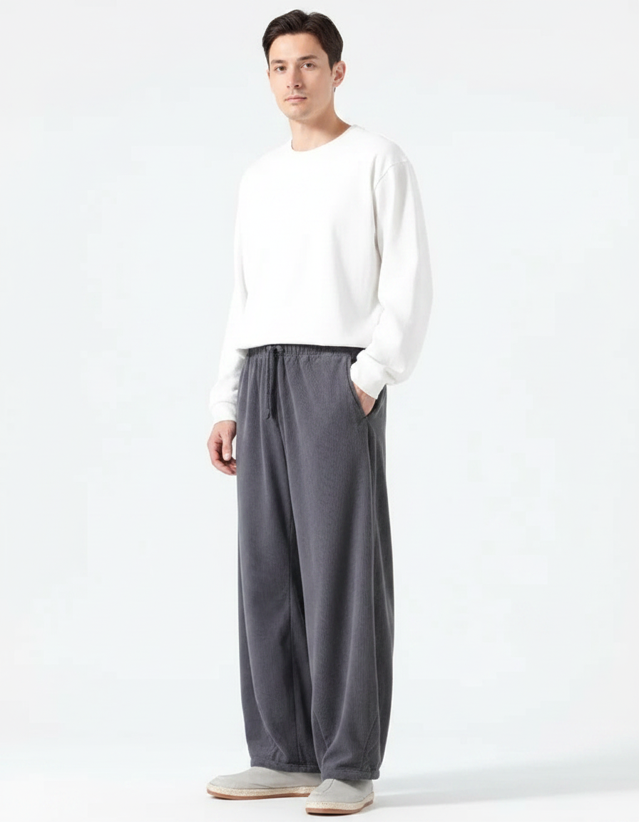 Pantalon Velours Côtelé Ample Décontracté Homme Gris - Cordé