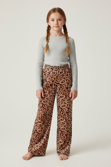 Pantalon Velours Léopard Large Confortable Fille - Imprimé