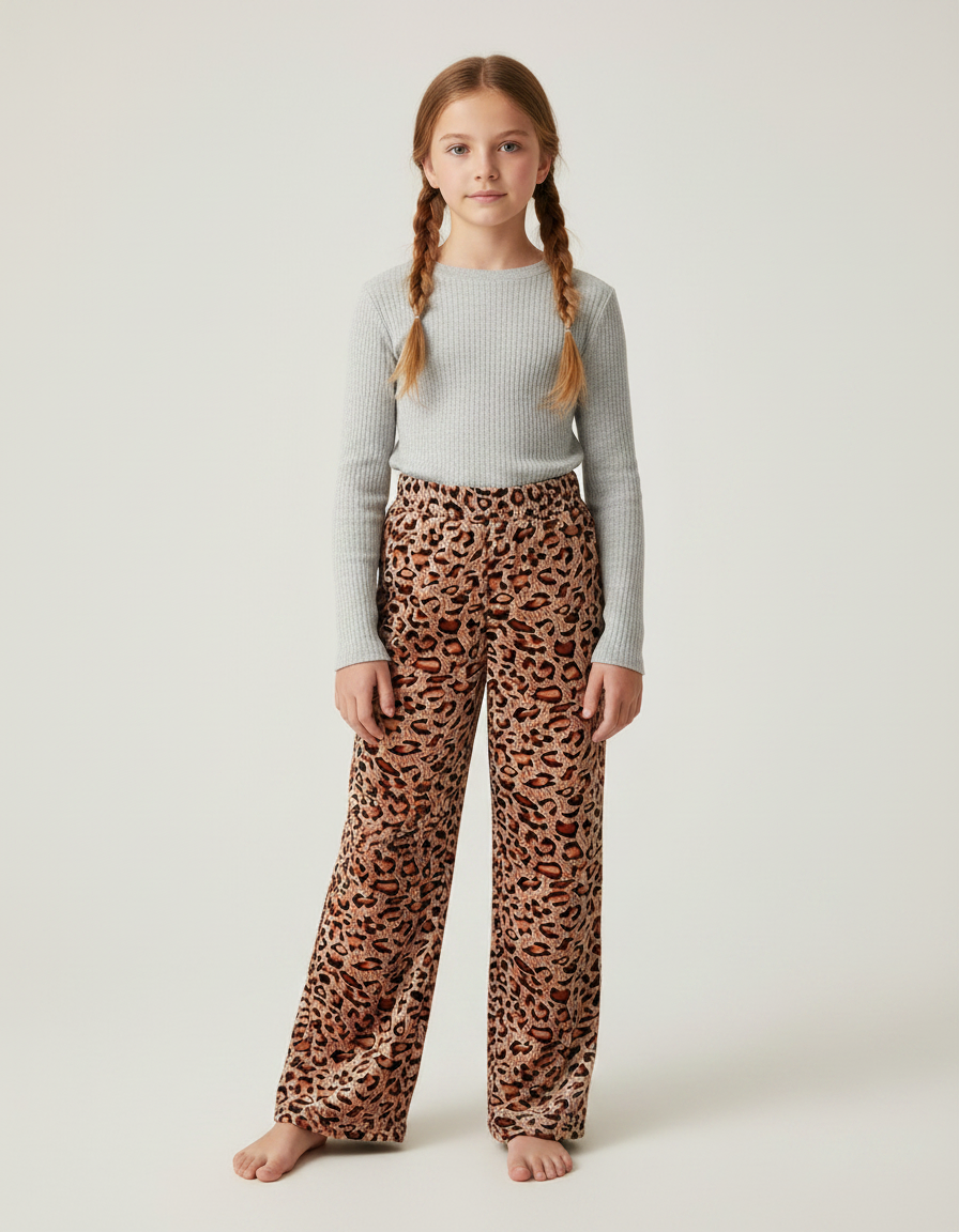 Pantalon Velours Léopard Large Confortable Fille - Imprimé