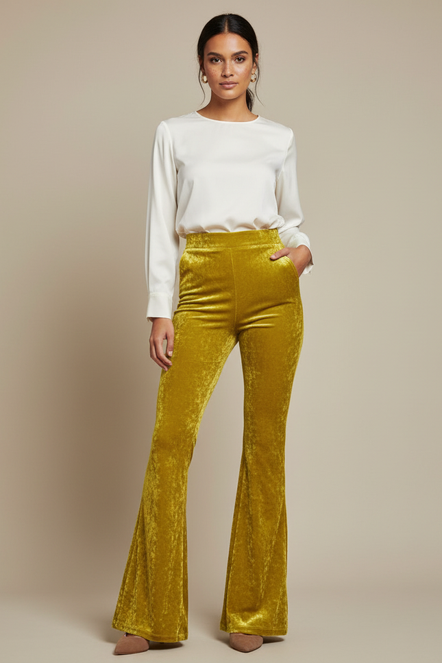 Pantalon Velours Évasé Taille Haute Or Femme - Doré