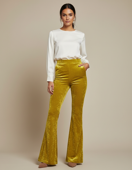 Pantalon Velours Évasé Taille Haute Or Femme - Doré