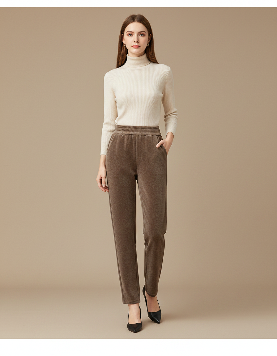Pantalon Velours Marron Doublé Polaire Décontracté Ample