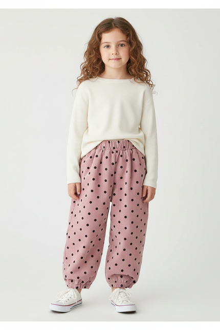Pantalon Velours Rose À Pois Ample Côtelé Enfant - Cordé