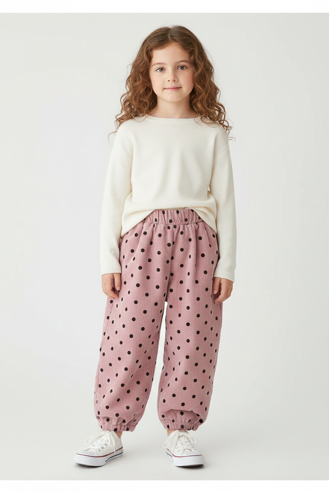 Pantalon Velours Rose À Pois Ample Côtelé Enfant - Cordé