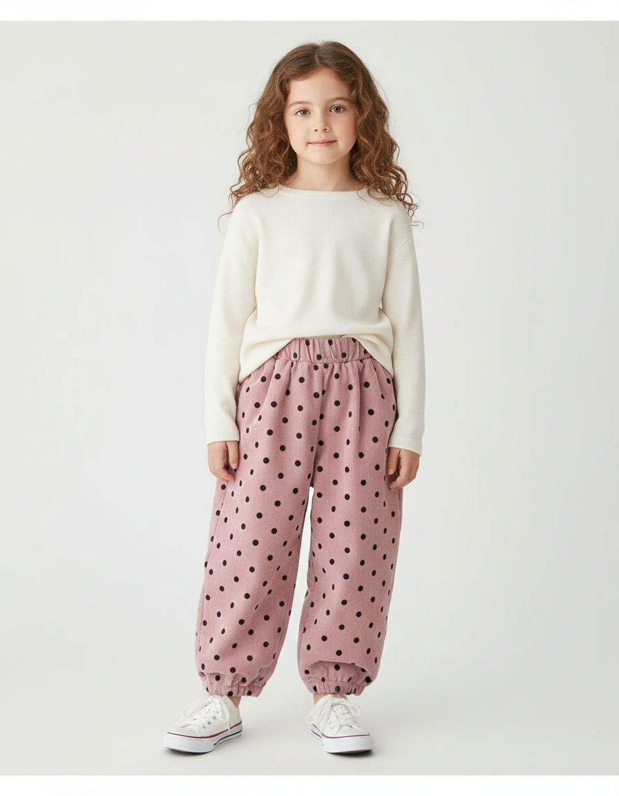 Pantalon Velours Rose À Pois Ample Côtelé Enfant - Cordé