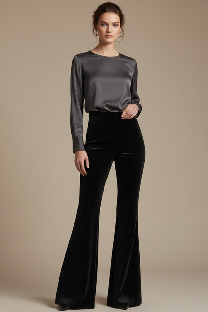 Pantalon Velours Noir Évasé Élégant Femme