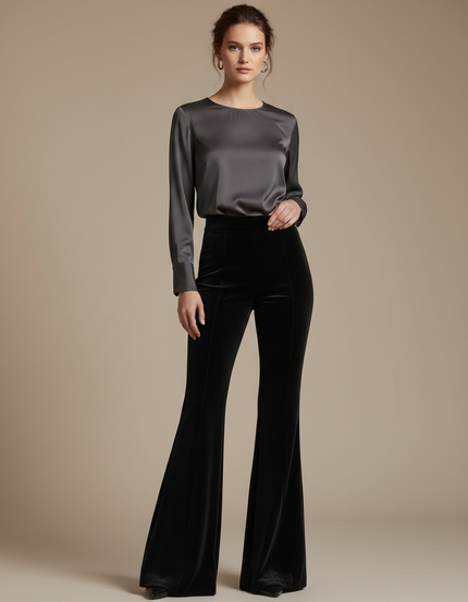 Pantalon Velours Noir Évasé Élégant Femme