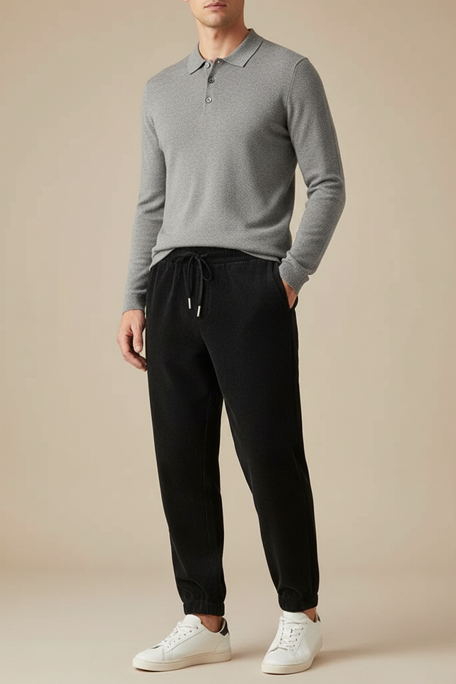 Pantalon Velours Côtelé Noir Décontracté Homme Cordon