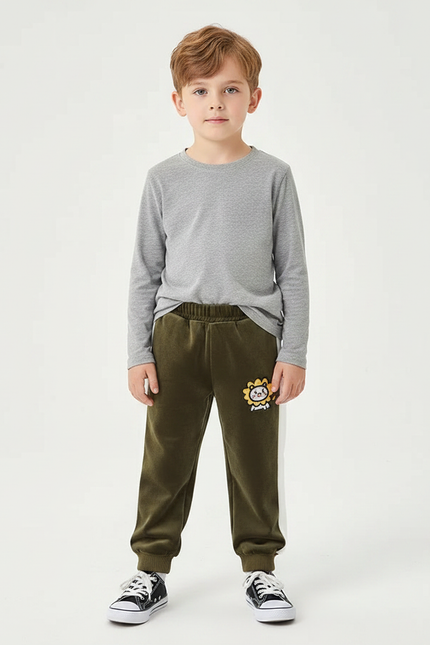 Pantalon Velours Vert Kaki Brodé Lion Enfant
