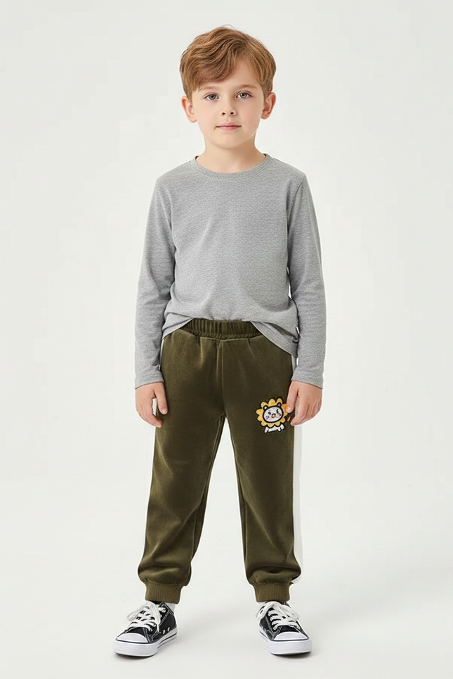 Pantalon Velours Vert Kaki Brodé Lion Enfant
