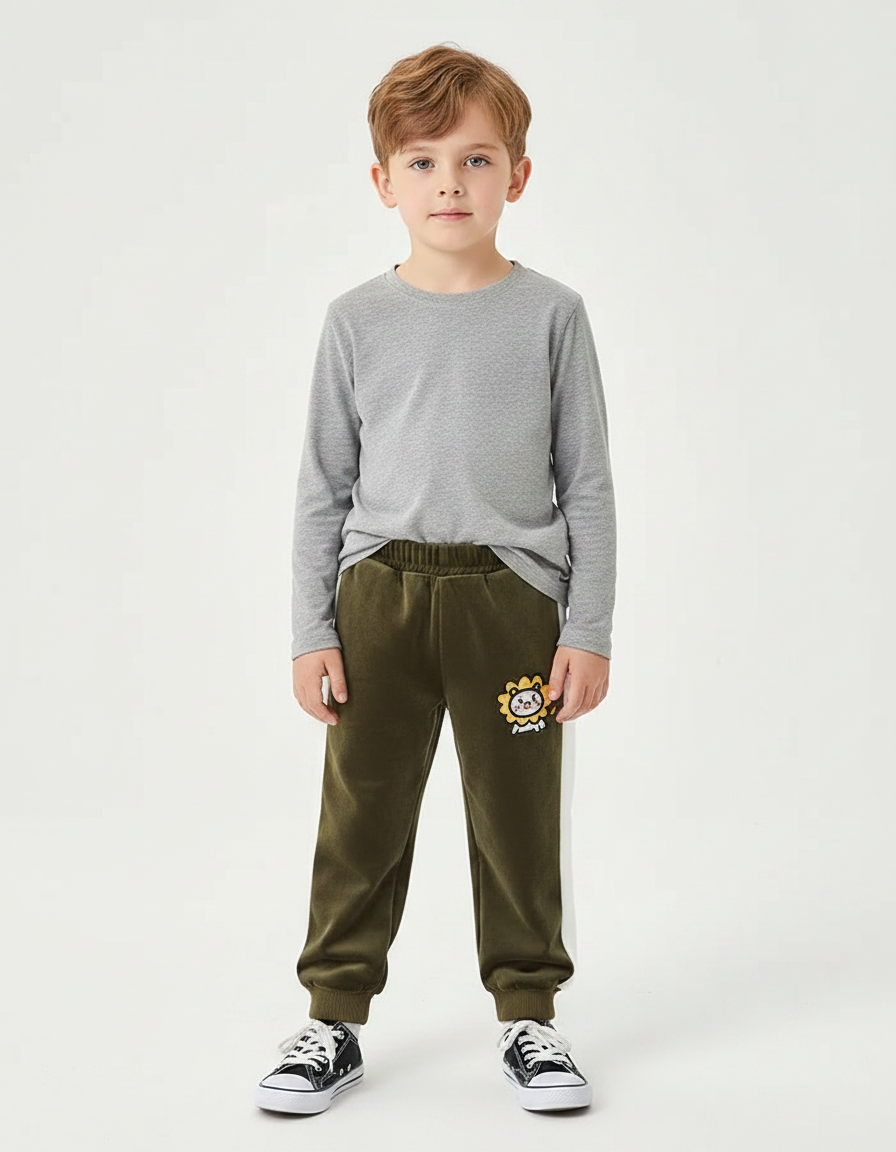 Pantalon Velours Vert Kaki Brodé Lion Enfant