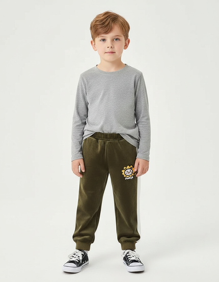 Pantalon Velours Vert Kaki Brodé Lion Enfant