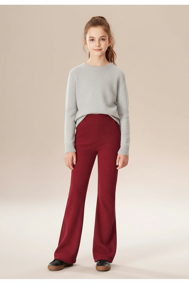 Pantalon Velours Rouge Évasé Pailleté Confortable Fille - Bordeaux