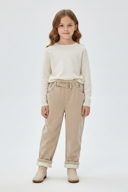 Pantalon Velours Beige Côtelé Doublé Chaud Enfant - Cordé