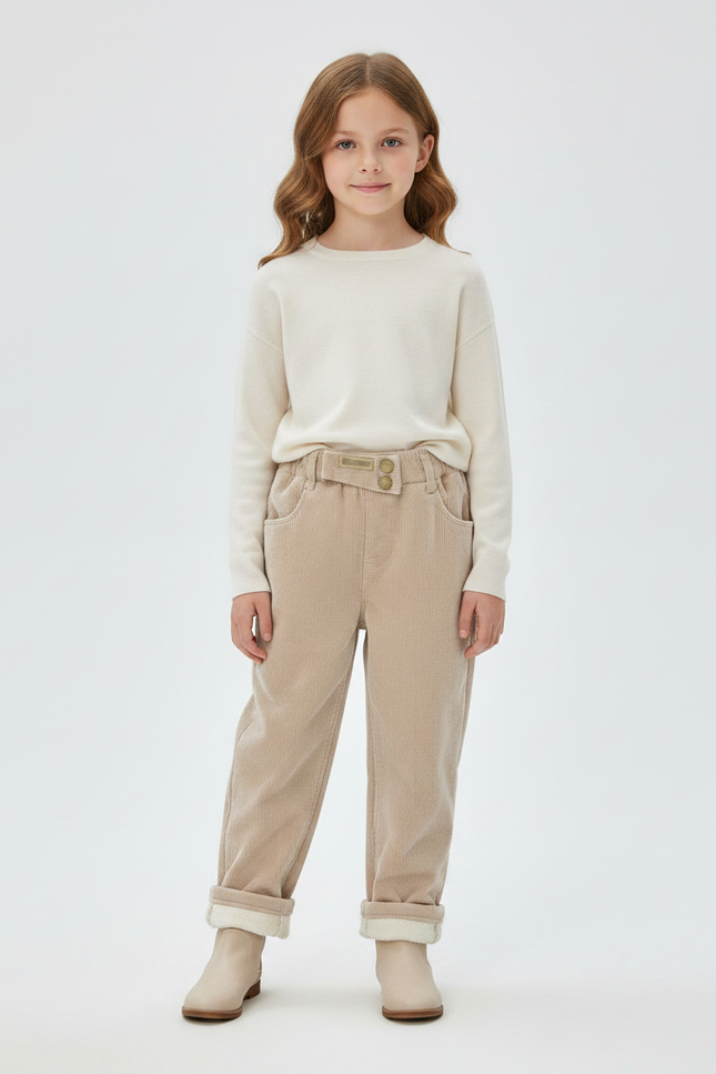 Pantalon Velours Beige Côtelé Doublé Chaud Enfant - Cordé