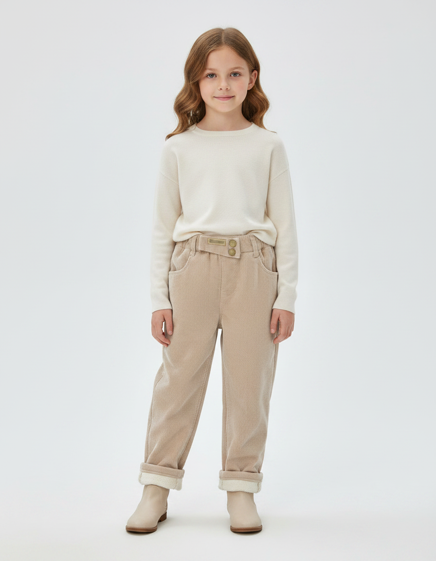 Pantalon Velours Beige Côtelé Doublé Chaud Enfant - Cordé