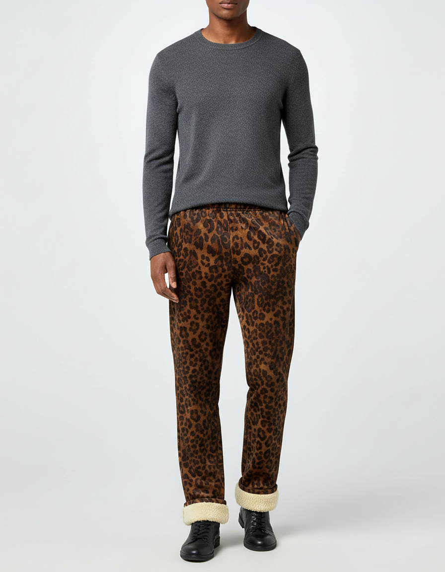 Pantalon Velours Léopard Doublé Polaire Hiver - Imprimé