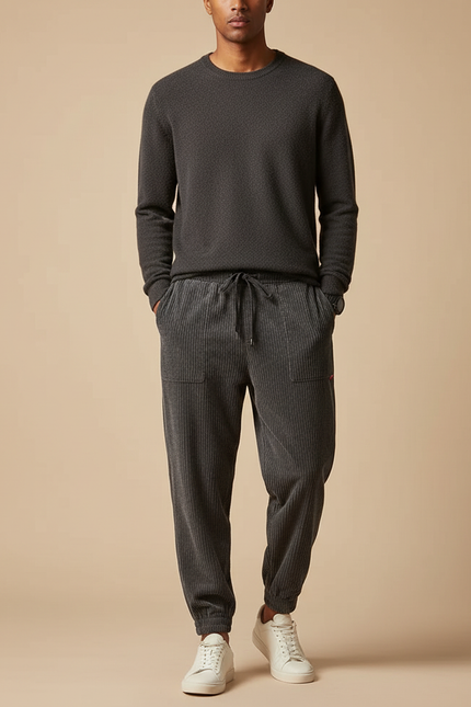 Pantalon Velours Côtelé Gris Jogger Décontracté Homme - Cordé