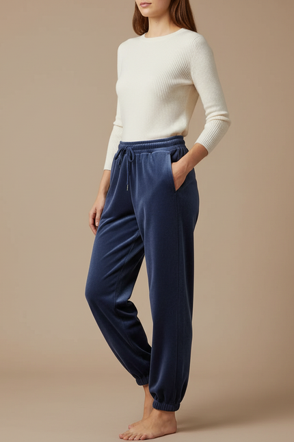 Pantalon Velours Bleu Marine Ample Décontracté Femme