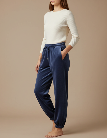 Pantalon Velours Bleu Marine Ample Décontracté Femme