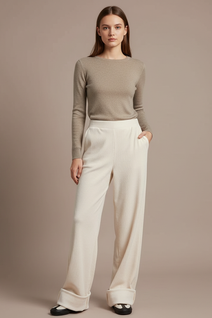 Pantalon Velours Écru Côtelé Large Décontracté Femme - Beige Cordé