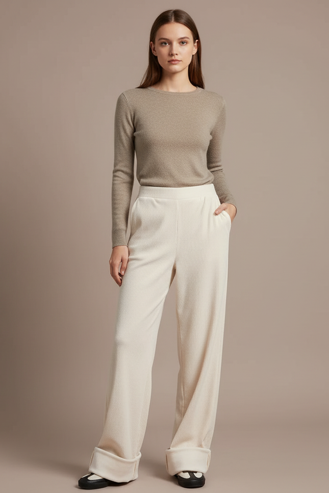 Pantalon Velours Écru Côtelé Large Décontracté Femme - Beige Cordé