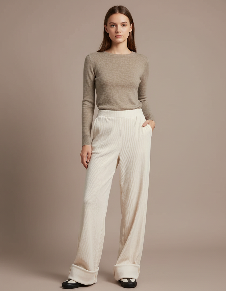 Pantalon Velours Écru Côtelé Large Décontracté Femme - Beige Cordé