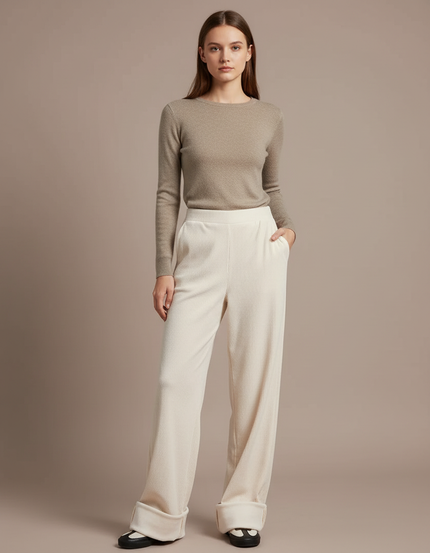 Pantalon Velours Écru Côtelé Large Décontracté Femme - Beige Cordé