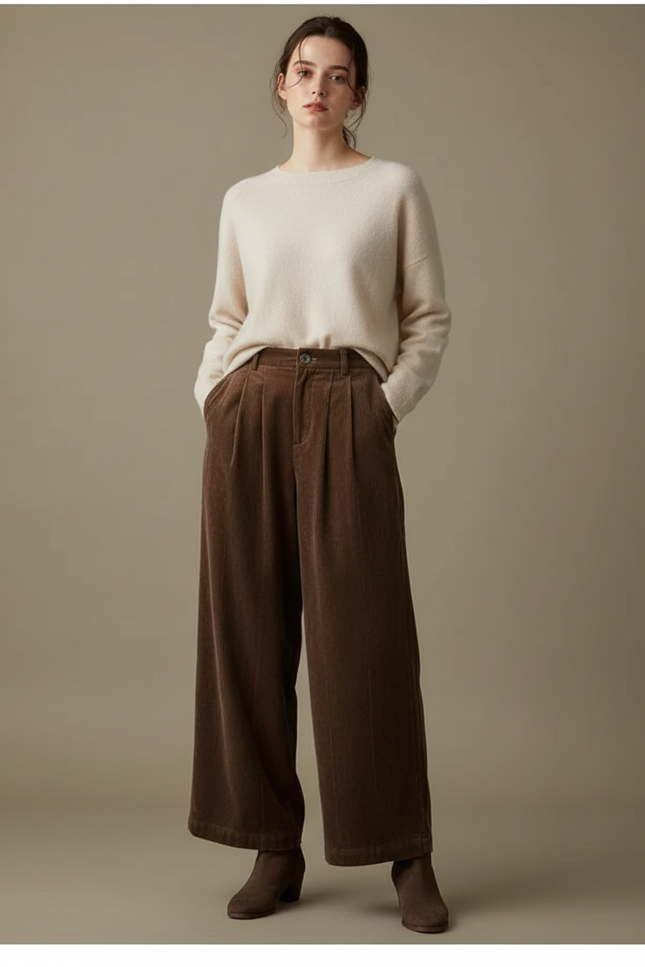 Pantalon Velours Marron Côtelé Large Décontracté Femme - Cordé