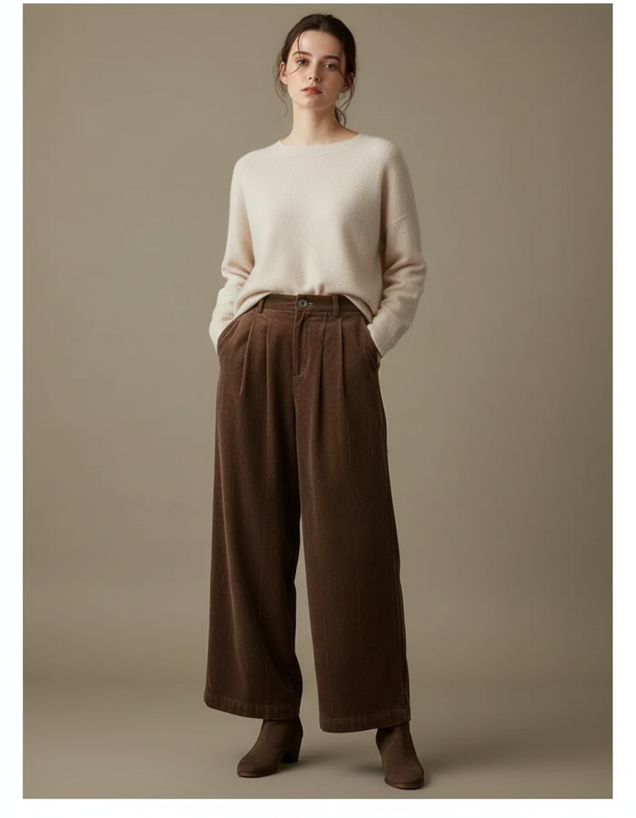 Pantalon Velours Marron Côtelé Large Décontracté Femme - Cordé
