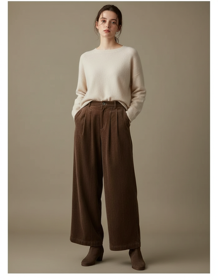 Pantalon Velours Marron Côtelé Large Décontracté Femme - Cordé