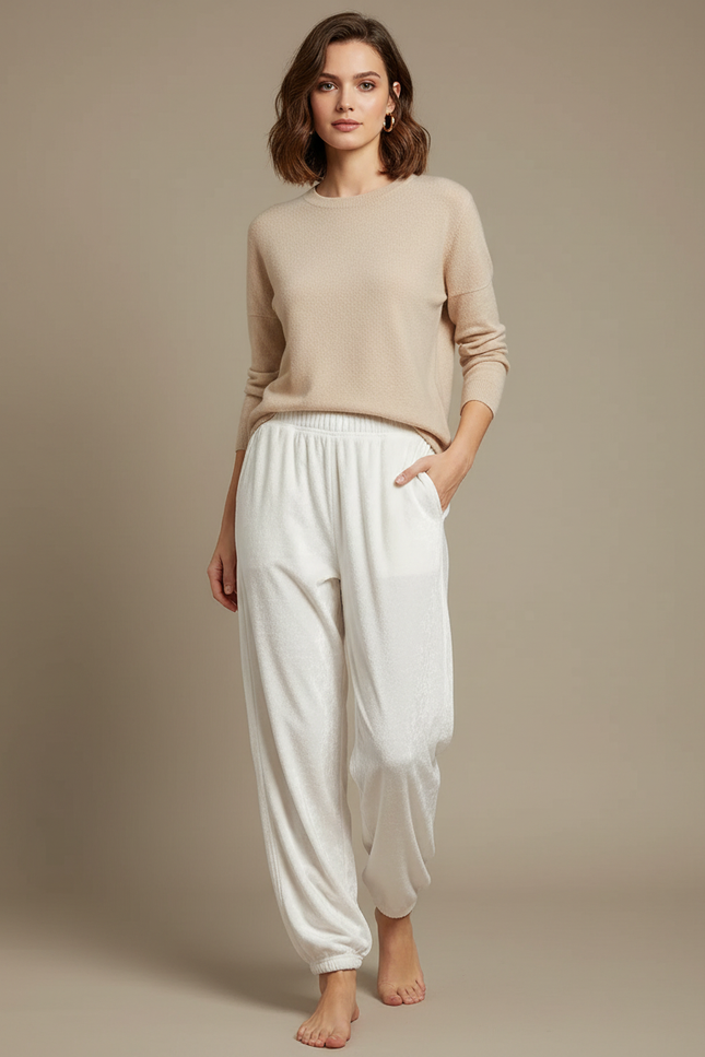 Pantalon Velours Blanc Ample Doux Élastique Décontracté Femme