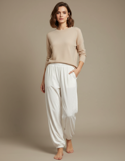 Pantalon Velours Blanc Ample Doux Élastique Décontracté Femme