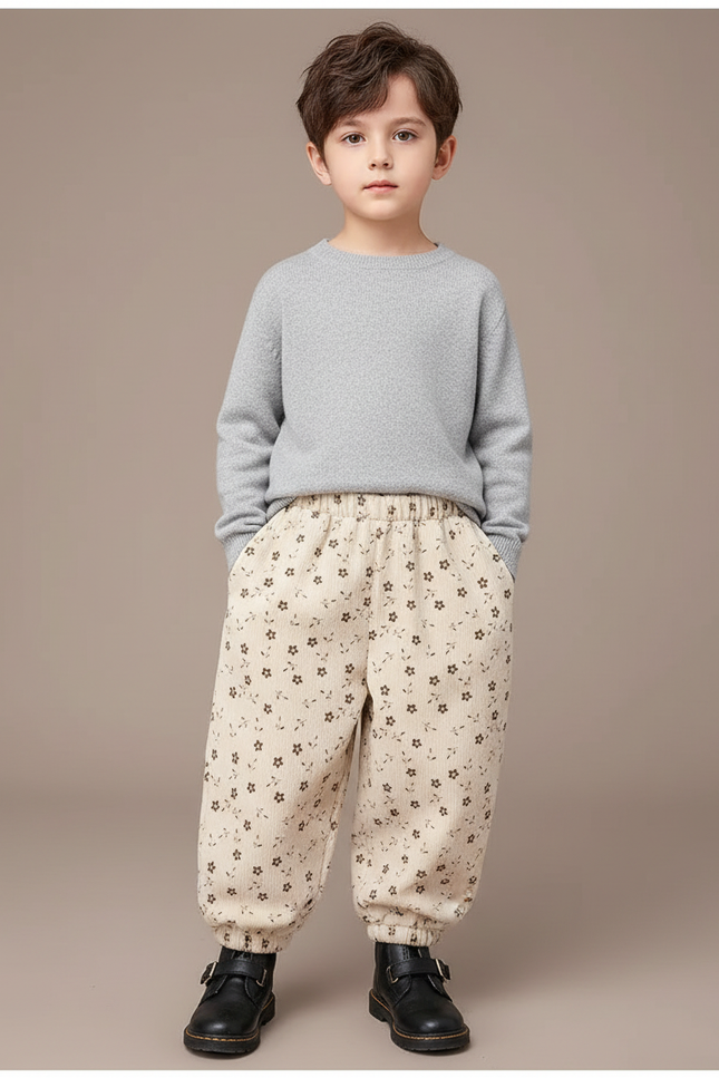 Pantalon Velours Beige Ample Imprimé Floral Enfant - Cordé
