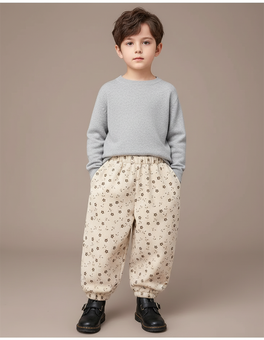 Pantalon Velours Beige Ample Imprimé Floral Enfant - Cordé