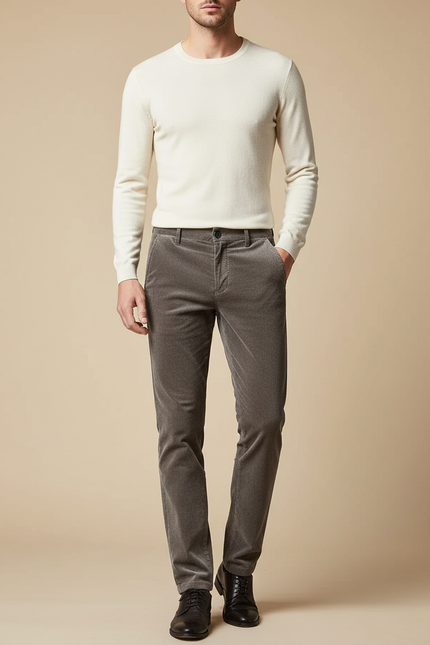 Pantalon Velours Homme Gris Côtelé Slim Élégant Décontracté