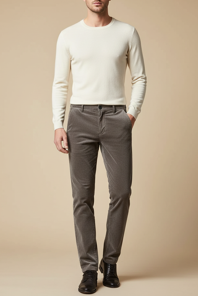 Pantalon Velours Homme Gris Côtelé Slim Élégant Décontracté