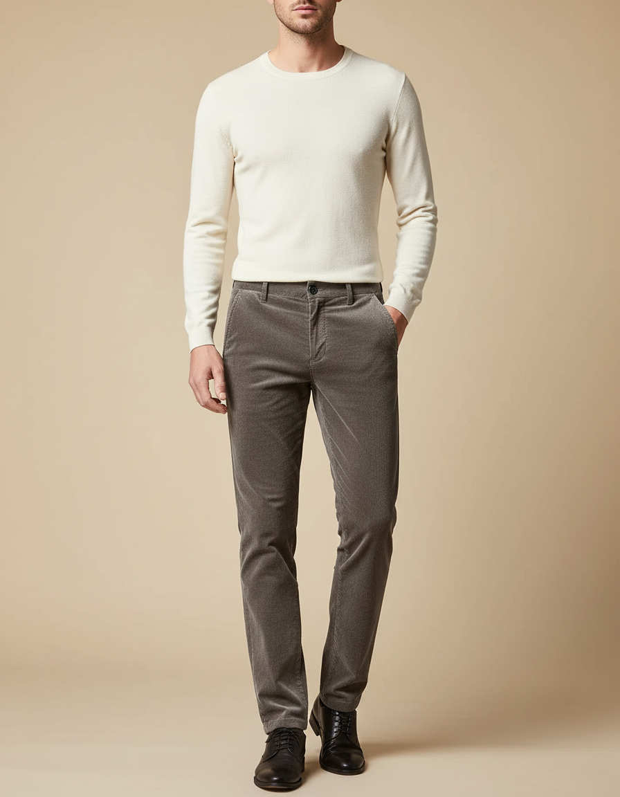 Pantalon Velours Homme Gris Côtelé Slim Élégant Décontracté