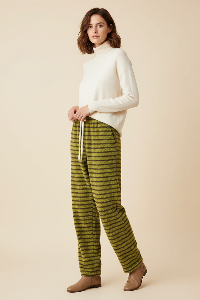 Pantalon Velours Rayé Vert Kaki Ample Doux Femme