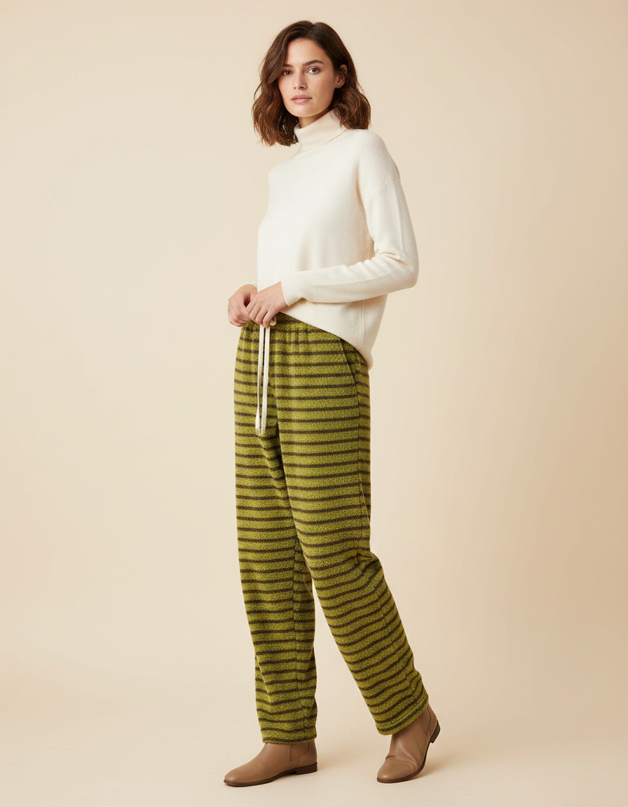 Pantalon Velours Rayé Vert Kaki Ample Doux Femme