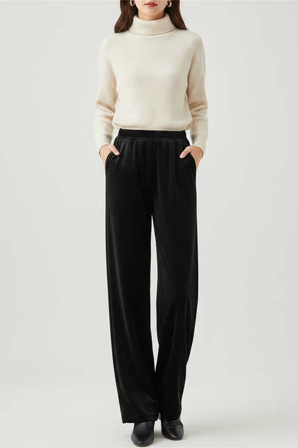 Pantalon Velours Noir Ample Taille Haute Confortable