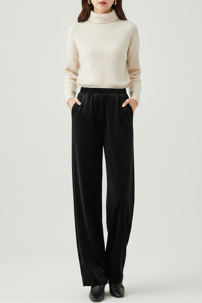 Pantalon Velours Noir Ample Taille Haute Confortable