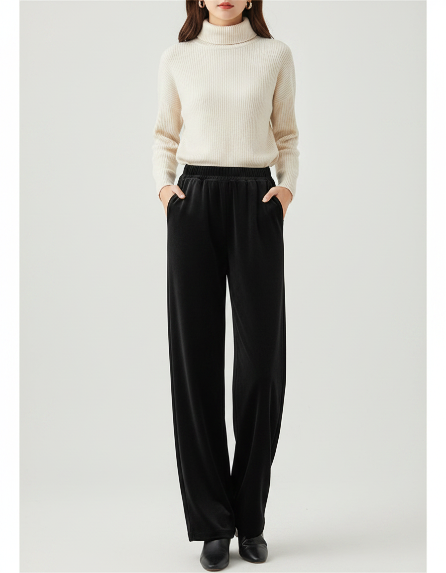 Pantalon Velours Noir Ample Taille Haute Confortable